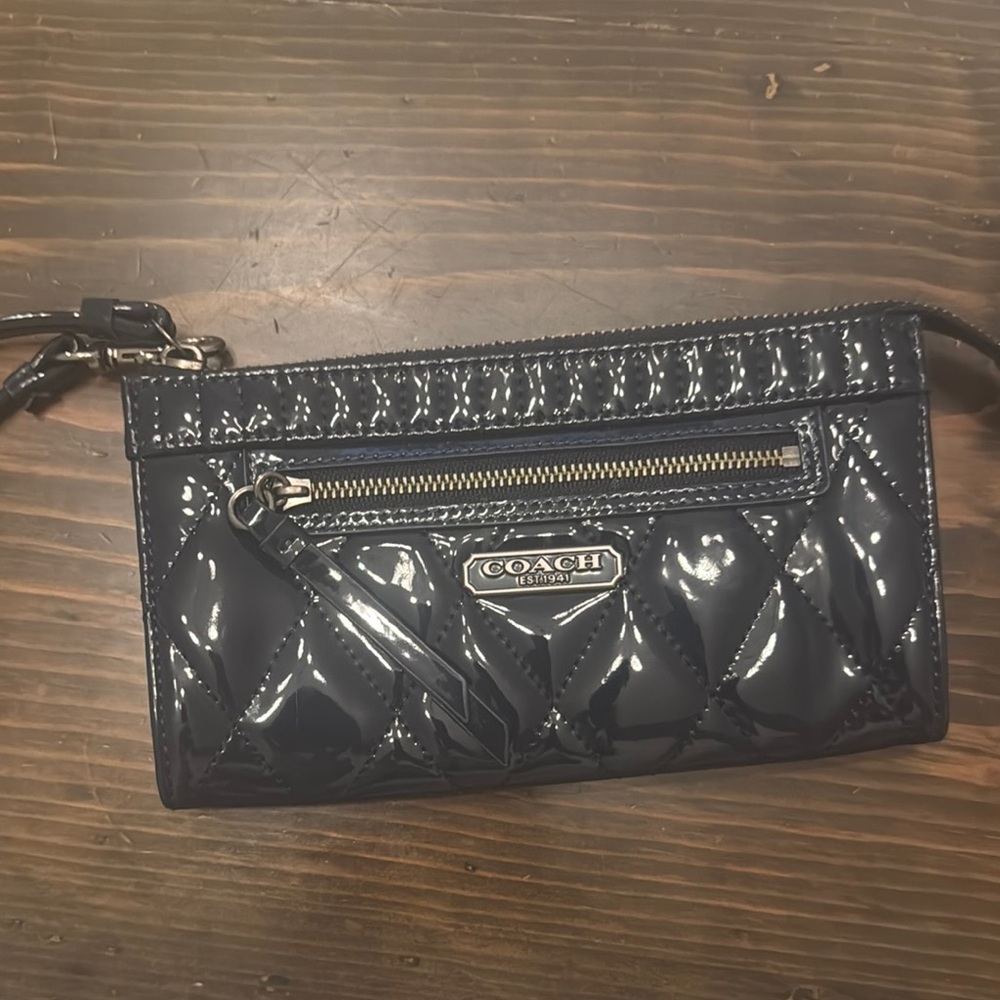 Coach Navy Patent Quilted Wristlet